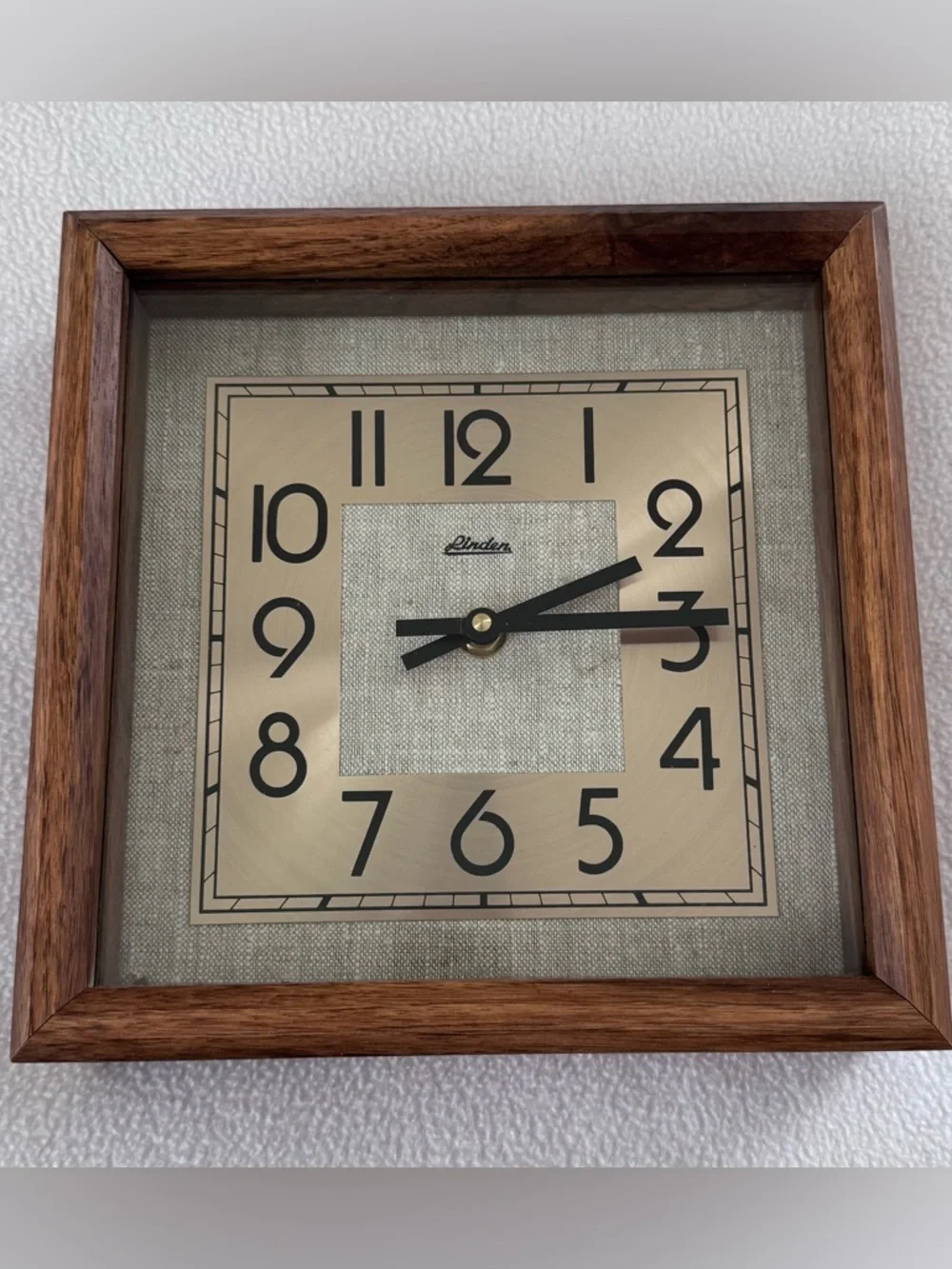 Vintage Linden square wall clock, wooden frame, Art Deco style 10”